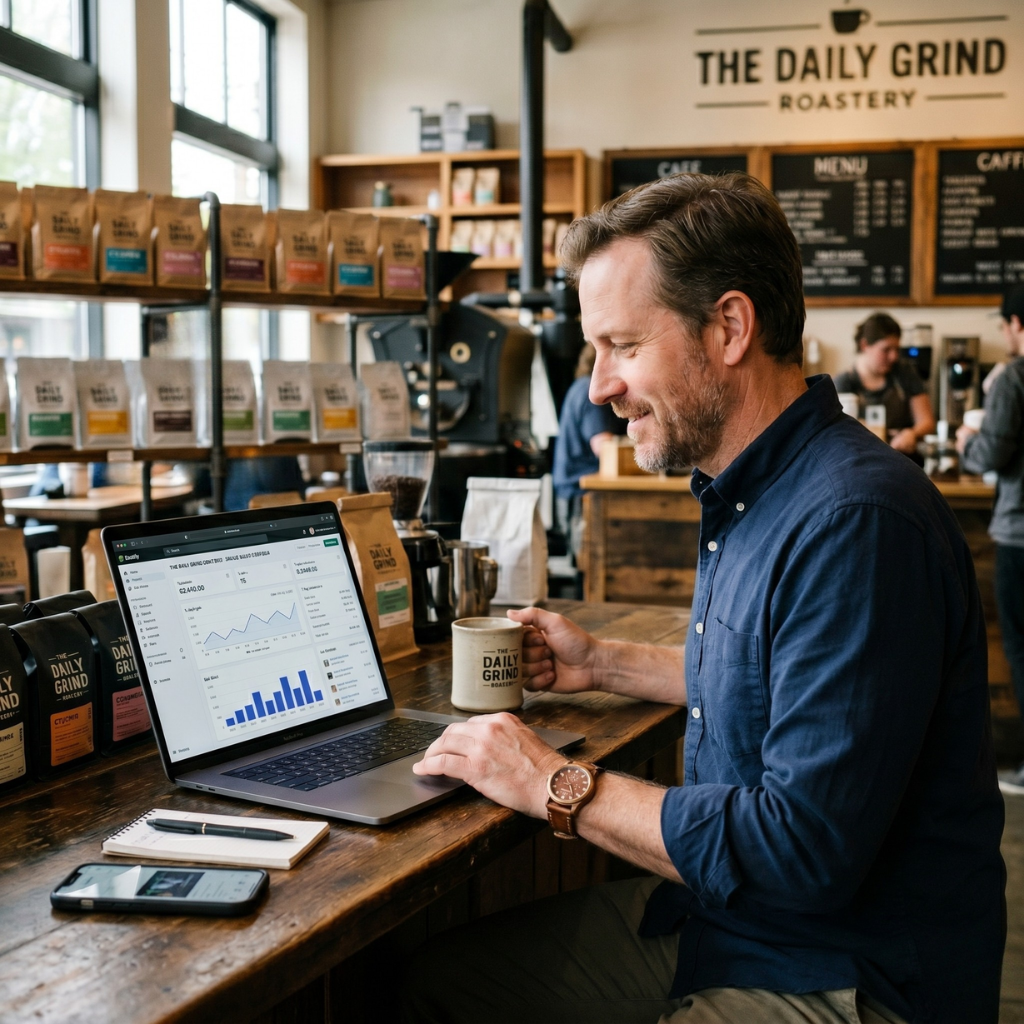 Store owner reviewing performance